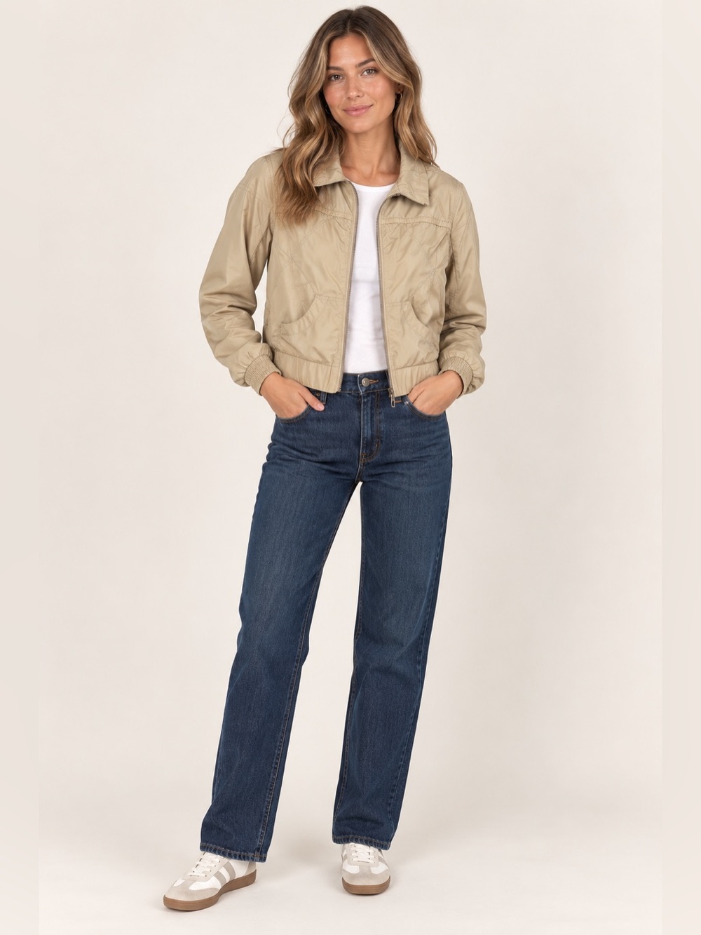 DKNY Active Beige Nylon Zip Jacket Cropped Lightweight Utility Bomber Small